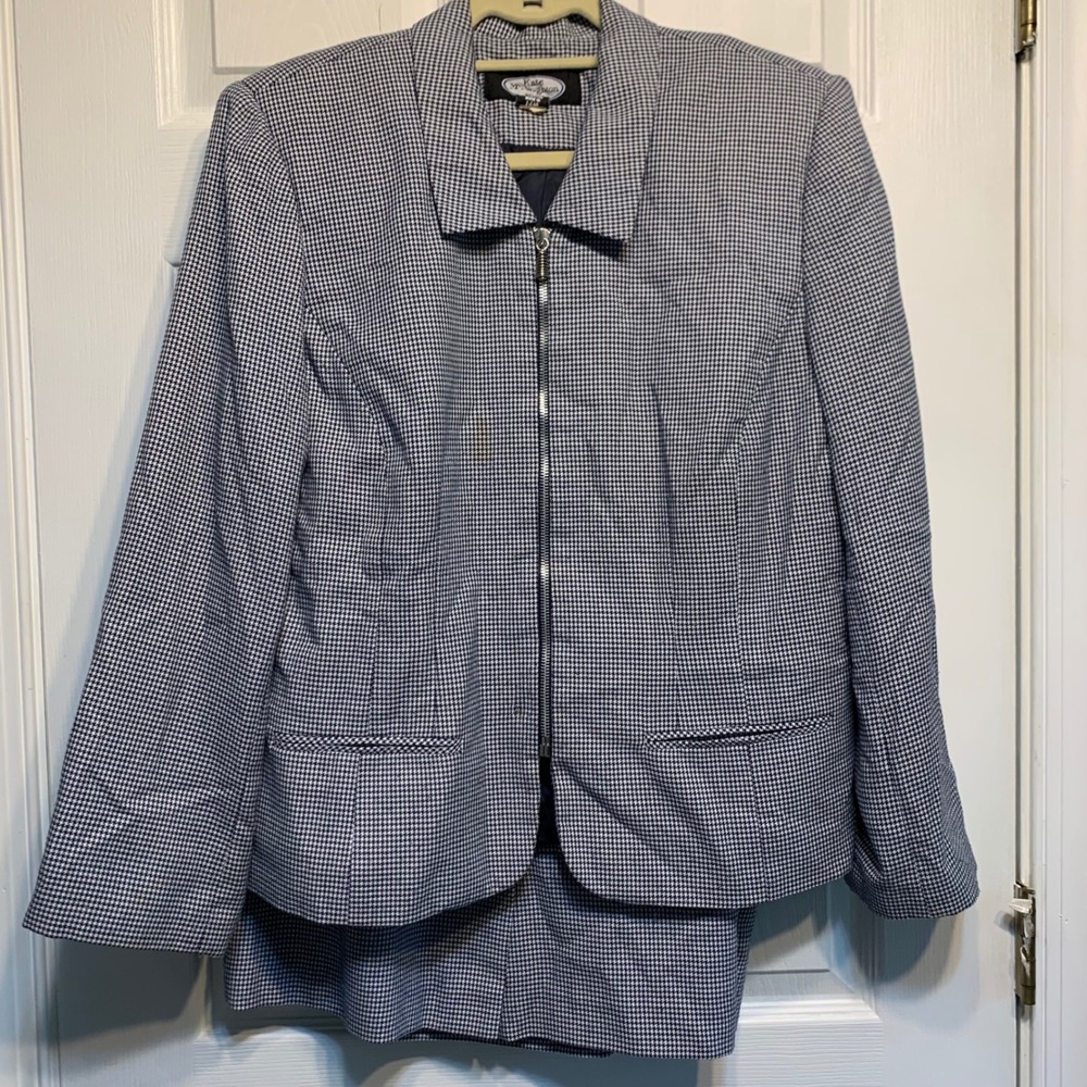 VTG Kate McNaughton Skirt Suit 14W Houndstooth Zip Jacket Pencil Skirt Office